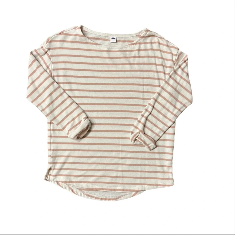 Old Navy Cream & Light Pink 1/2 Sleeve Striped Shirt - Picture 2 of 4